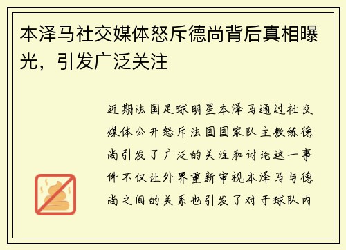 本泽马社交媒体怒斥德尚背后真相曝光，引发广泛关注